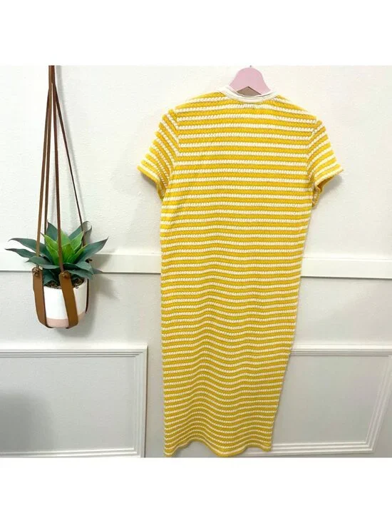 MNG Yellow Stripe Knit Button Front Midi Dress Size 14 - Picture 7 of 8
